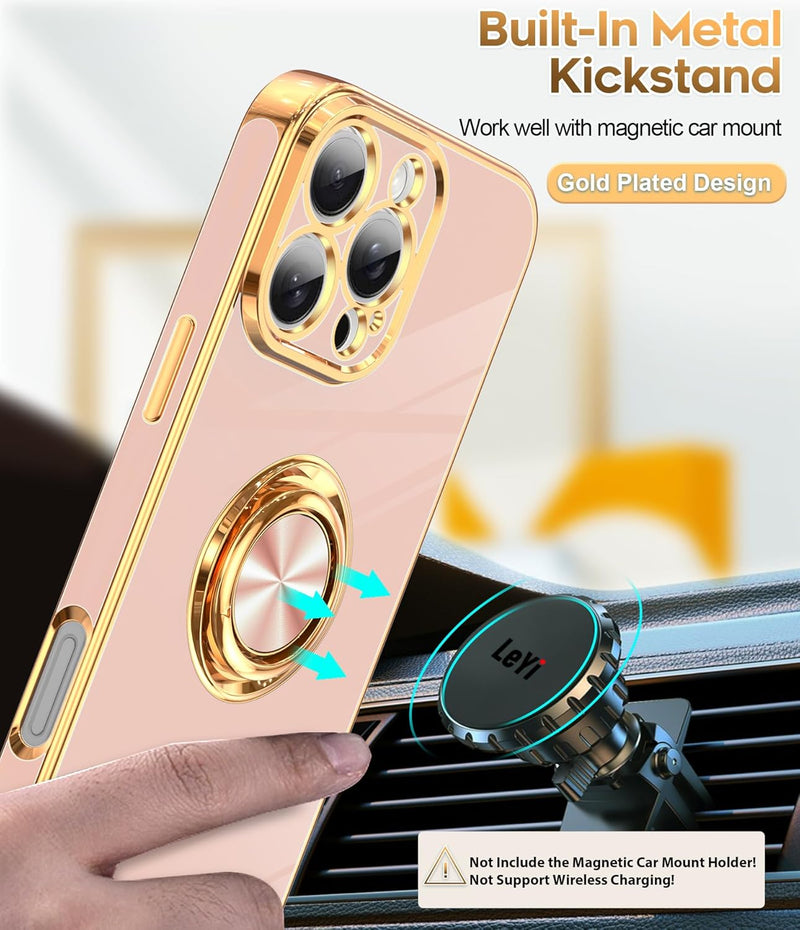 iPhone 16 Pro Phone Case 2 Pack Tempered Protector 360° Rotatable Ring Plating Rose Gold Edge Protective - Gorilla Cases