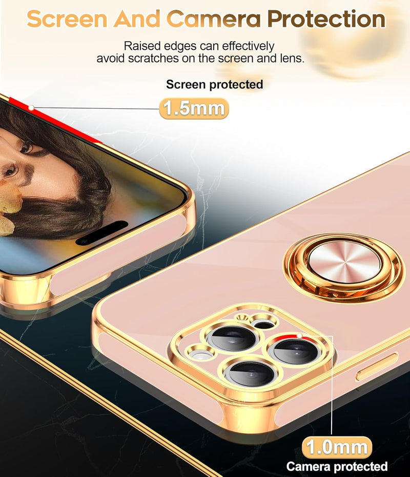 iPhone 16 Pro Phone Case 2 Pack Tempered Protector 360° Rotatable Ring Plating Rose Gold Edge Protective - Gorilla Cases