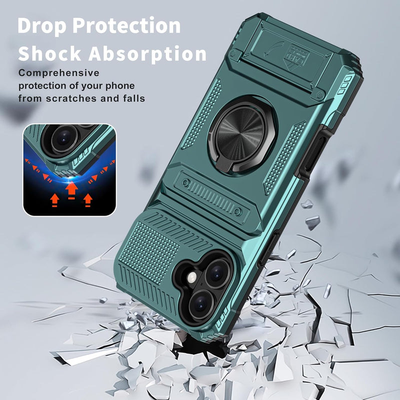 iPhone 16 Wallet Case Card Holder Store 2 Cards 360° Rotated Ring Stand Dual Layer Protection Wallet Phone Case Blue - Gorilla Cases