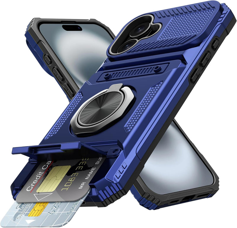 iPhone 16 Wallet Case Card Holder Store 2 Cards 360° Rotated Ring Stand Dual Layer Protection Wallet Phone Case Blue - Gorilla Cases