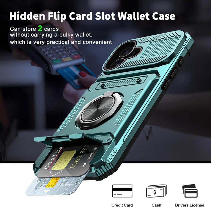 iPhone 16 Wallet Case Card Holder Store 2 Cards 360° Rotated Ring Stand Dual Layer Protection Wallet Phone Case Blue - Gorilla Cases