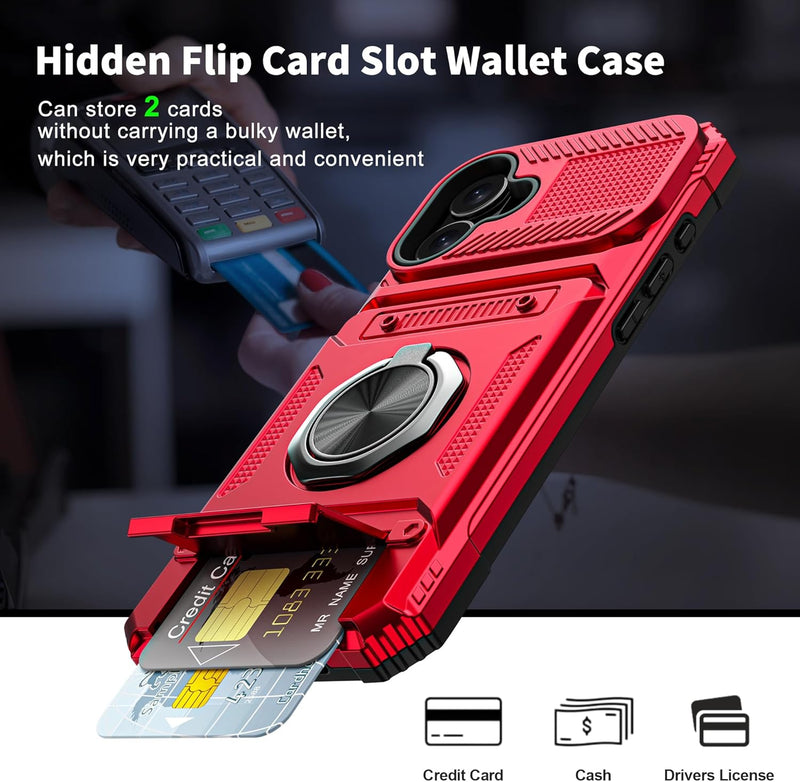 iPhone 16 Wallet Case Card Holder Store 2 Cards 360° Rotated Ring Stand Dual Layer Protection Wallet Phone Case Blue - Gorilla Cases