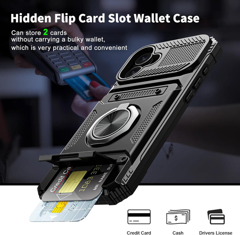 iPhone 16 Wallet Case Card Holder Store 2 Cards 360° Rotated Ring Stand Dual Layer Protection Wallet Phone Case Blue - Gorilla Cases