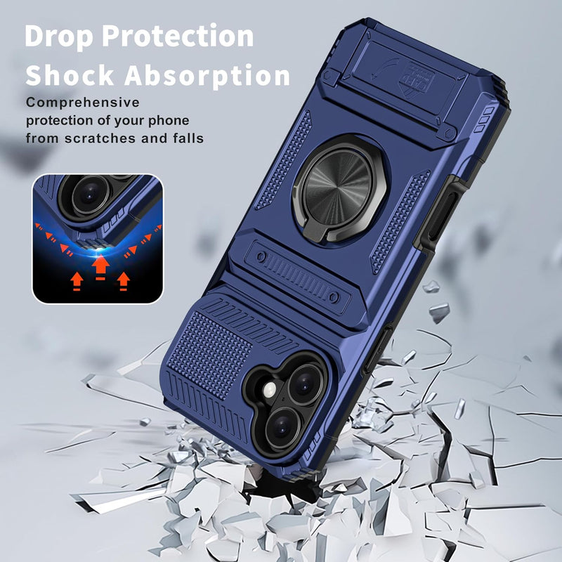 iPhone 16 Wallet Case Card Holder Store 2 Cards 360° Rotated Ring Stand Dual Layer Protection Wallet Phone Case Blue - Gorilla Cases