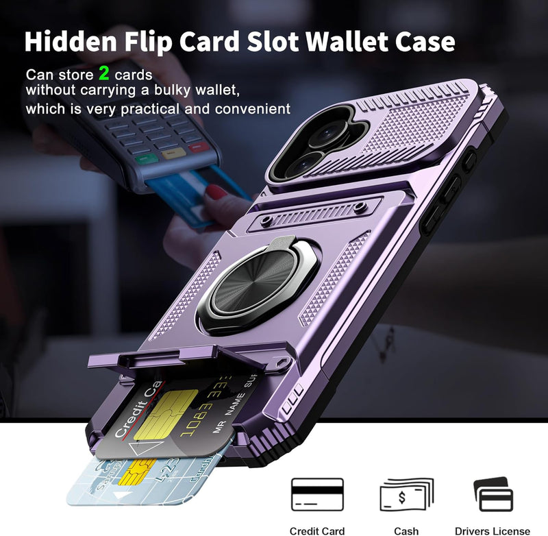 iPhone 16 Wallet Case Card Holder Store 2 Cards 360° Rotated Ring Stand Dual Layer Protection Wallet Phone Case Blue - Gorilla Cases