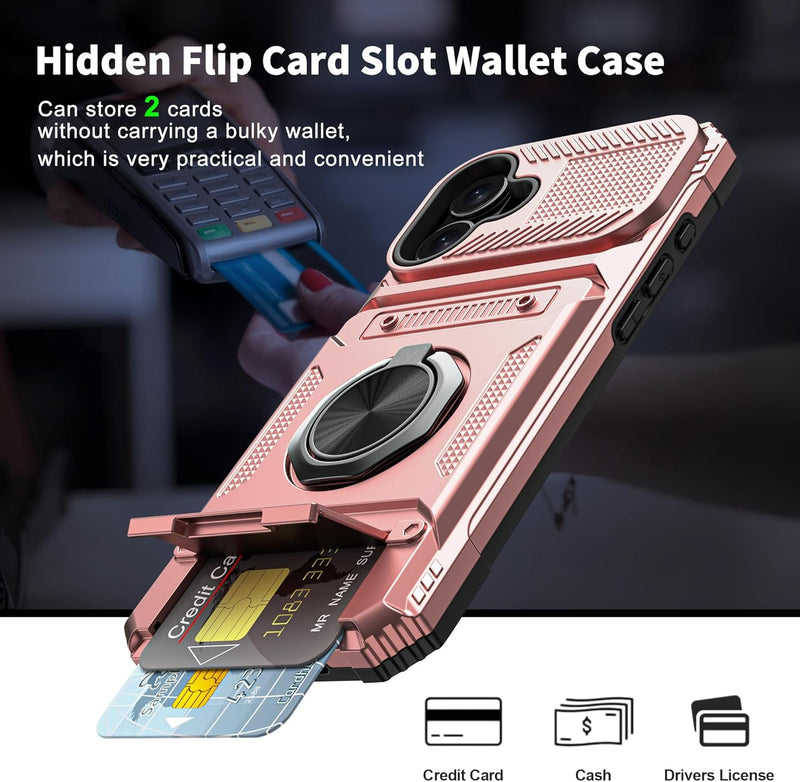 iPhone 16 Wallet Case Card Holder Store 2 Cards 360° Rotated Ring Stand Dual Layer Protection Wallet Phone Case Blue - Gorilla Cases