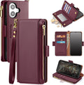 iPhone 16 Wallet Case RFID Blocking Zipper Credit Card Holder Slots Red