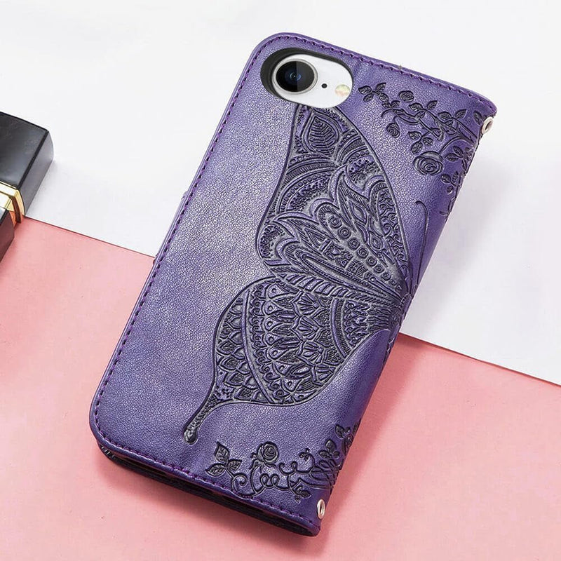 iPhone 16E Women’s Flip Folio Purple Butterfly Embossed Wallet Case - Gorilla Cases