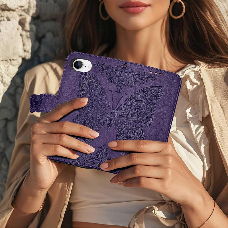 iPhone 16E Women’s Flip Folio Purple Butterfly Embossed Wallet Case - Gorilla Cases