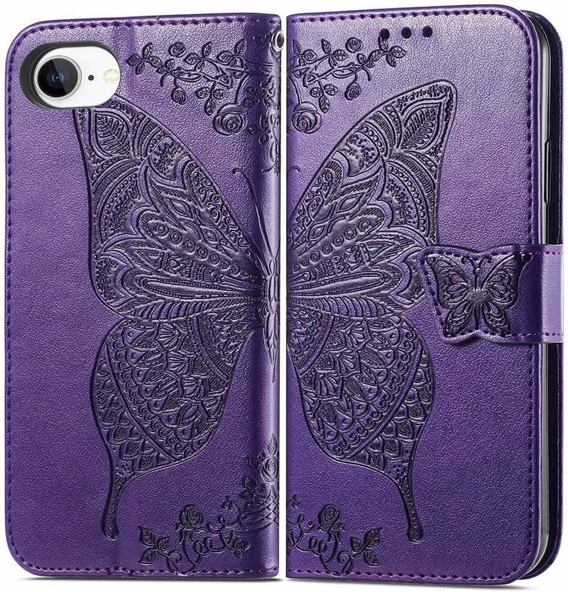 iPhone 16E Women’s Flip Folio Purple Butterfly Embossed Wallet Case - Gorilla Cases