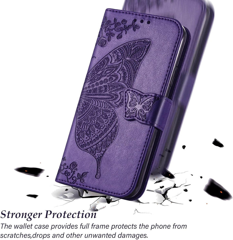 iPhone 16E Women’s Flip Folio Purple Butterfly Embossed Wallet Case - Gorilla Cases