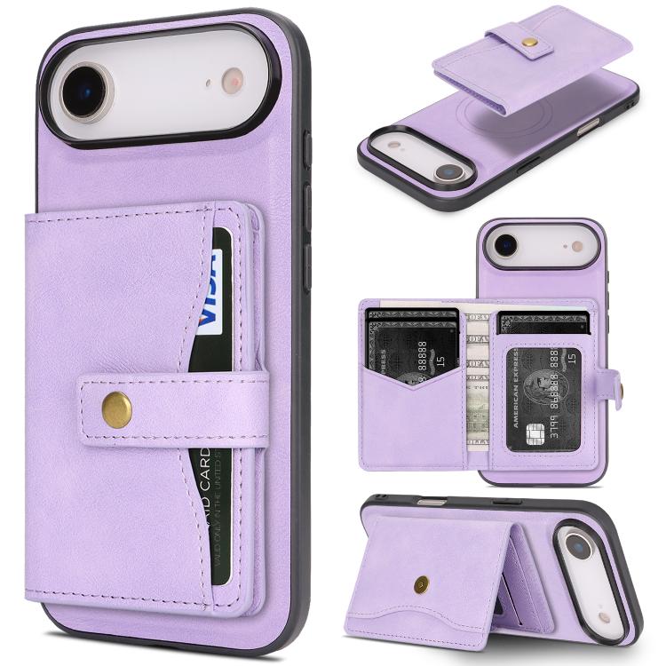 iPhone 17 Magnetic Button Card Bag MagSafe Ring Leather Phone Case