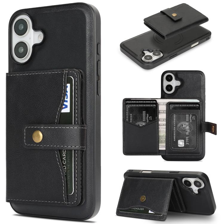 iPhone 17 Magnetic Button Card Bag MagSafe Ring Leather Phone Case