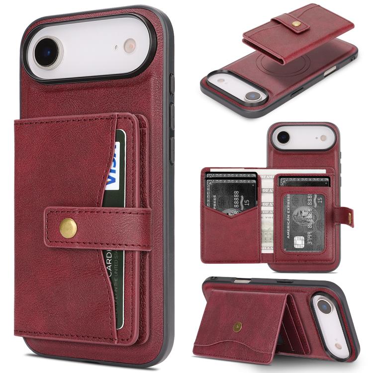 iPhone 17 Magnetic Button Card Bag MagSafe Ring Leather Phone Case