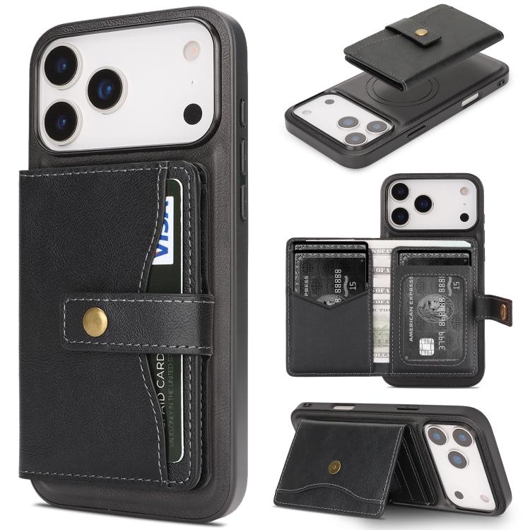 iPhone 17 Magnetic Button Card Bag MagSafe Ring Leather Phone Case