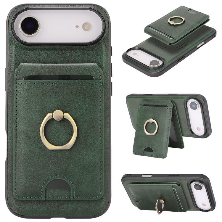 iPhone 17 Strong MagSafe Ring Magnetic Card Bag Holder Leather Phone Case