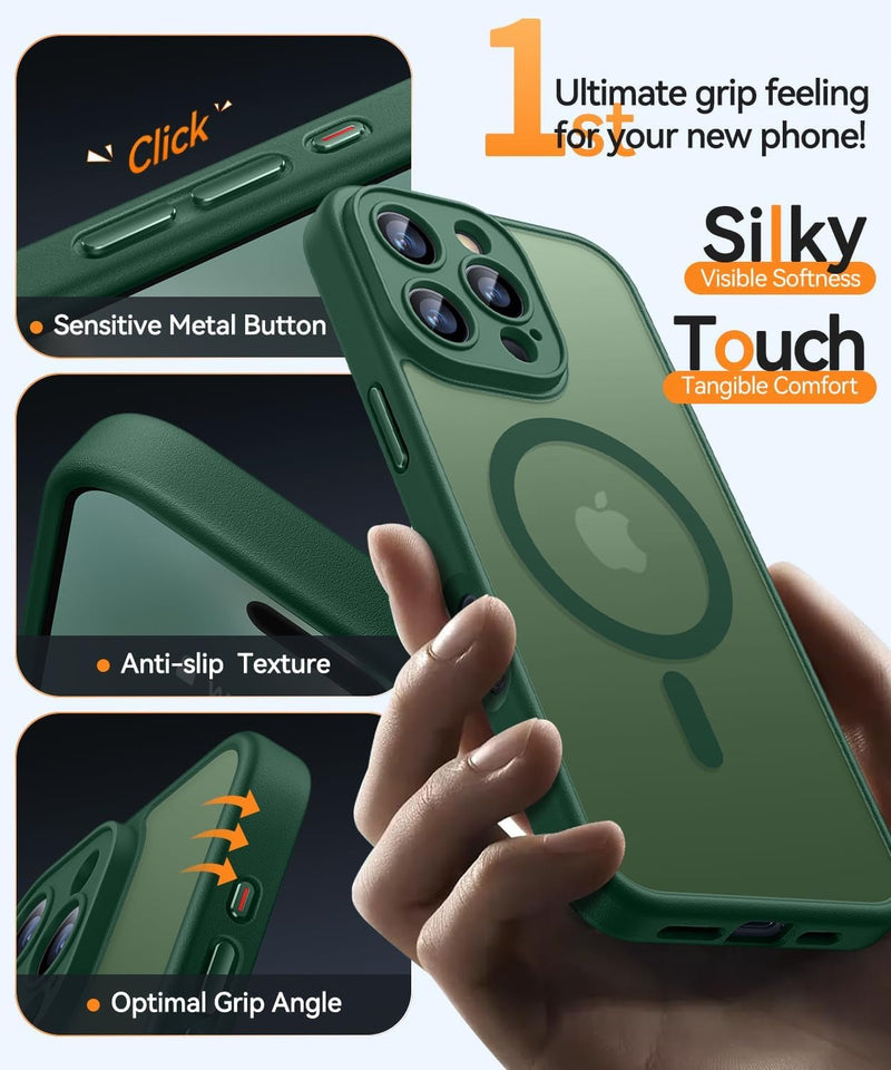 Magnetic Compatible with Iphone 16 Pro Case, Upgraded [Full Camera Protection] [Compatible with Magsafe] [Translucent Matte] Shockproof Protective Phone Case Cover 6.3 Inch - Deep Green