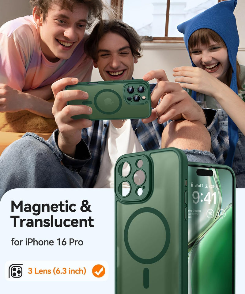 Magnetic Compatible with Iphone 16 Pro Case, Upgraded [Full Camera Protection] [Compatible with Magsafe] [Translucent Matte] Shockproof Protective Phone Case Cover 6.3 Inch - Deep Green