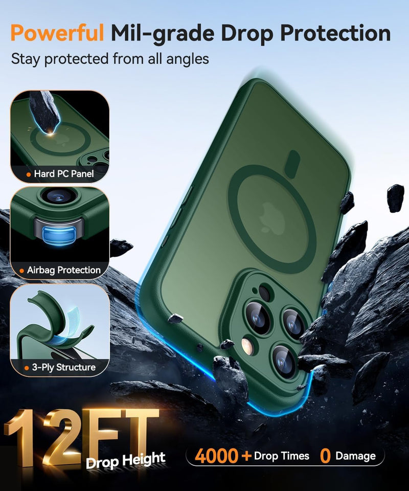 Magnetic Compatible with Iphone 16 Pro Case, Upgraded [Full Camera Protection] [Compatible with Magsafe] [Translucent Matte] Shockproof Protective Phone Case Cover 6.3 Inch - Deep Green