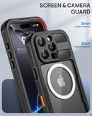 Full body IP68 waterproof case for iPhone 16 Pro with Magsafe and a built in screen protector in black and clear