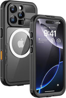 Full body IP68 waterproof case for iPhone 16 Pro with Magsafe and a built in screen protector in black and clear