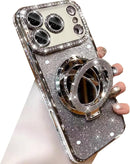 Magnetic Kickstand Glitter Case for Iphone 17 Pro Max,[Compatible with Magsafe] Cute Bling Sparkly Rhinestone with Camera Protector Makeup Mirror Women Girls Case for Iphone 17 Pro Max,Silver