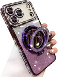 Magnetic Kickstand Glitter Case for Iphone 17 Pro Max,[Compatible with Magsafe] Cute Bling Sparkly Rhinestone with Camera Protector Makeup Mirror Women Girls Case for Iphone 17 Pro Max,Silver