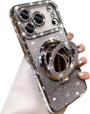 Magnetic Kickstand Glitter Case for Iphone 17 Pro Max,[Compatible with Magsafe] Cute Bling Sparkly Rhinestone with Camera Protector Makeup Mirror Women Girls Case for Iphone 17 Pro Max,Silver