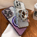 Magnetic Kickstand Glitter Case for Iphone 17 Pro Max,[Compatible with Magsafe] Cute Bling Sparkly Rhinestone with Camera Protector Makeup Mirror Women Girls Case for Iphone 17 Pro Max,Silver