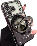 Magnetic Kickstand Glitter Case for Iphone 17 Pro Max,[Compatible with Magsafe] Cute Bling Sparkly Rhinestone with Camera Protector Makeup Mirror Women Girls Case for Iphone 17 Pro Max,Silver