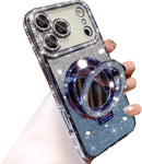 Magnetic Kickstand Glitter Case for Iphone 17 Pro Max,[Compatible with Magsafe] Cute Bling Sparkly Rhinestone with Camera Protector Makeup Mirror Women Girls Case for Iphone 17 Pro Max,Silver