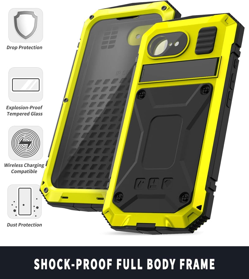 Metal Case for Iphone 16E Aluminum Military Grade Rugged Case with Stand Screen Protector Drop Tested Heavy Duty Shockproof Dustproof Full Cover for Man (Yellow) - Gorilla Cases
