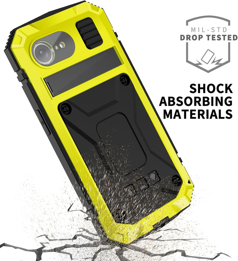 Metal Case for Iphone 16E Aluminum Military Grade Rugged Case with Stand Screen Protector Drop Tested Heavy Duty Shockproof Dustproof Full Cover for Man (Yellow) - Gorilla Cases