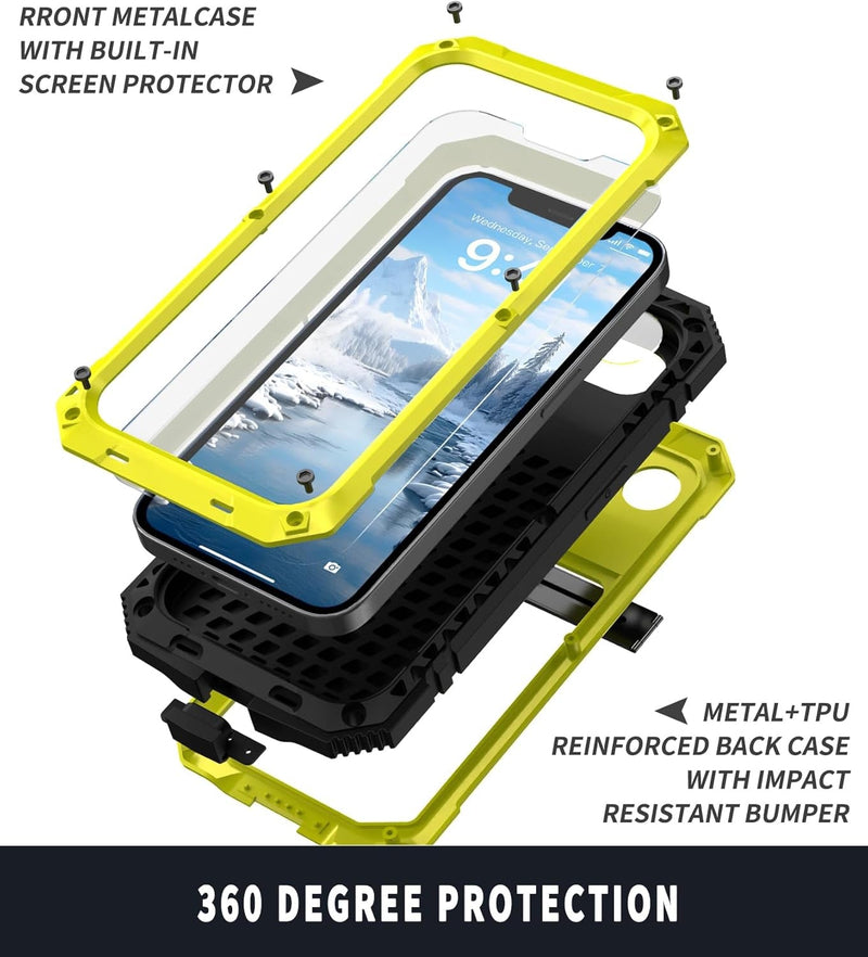 Metal Case for Iphone 16E Aluminum Military Grade Rugged Case with Stand Screen Protector Drop Tested Heavy Duty Shockproof Dustproof Full Cover for Man (Yellow) - Gorilla Cases