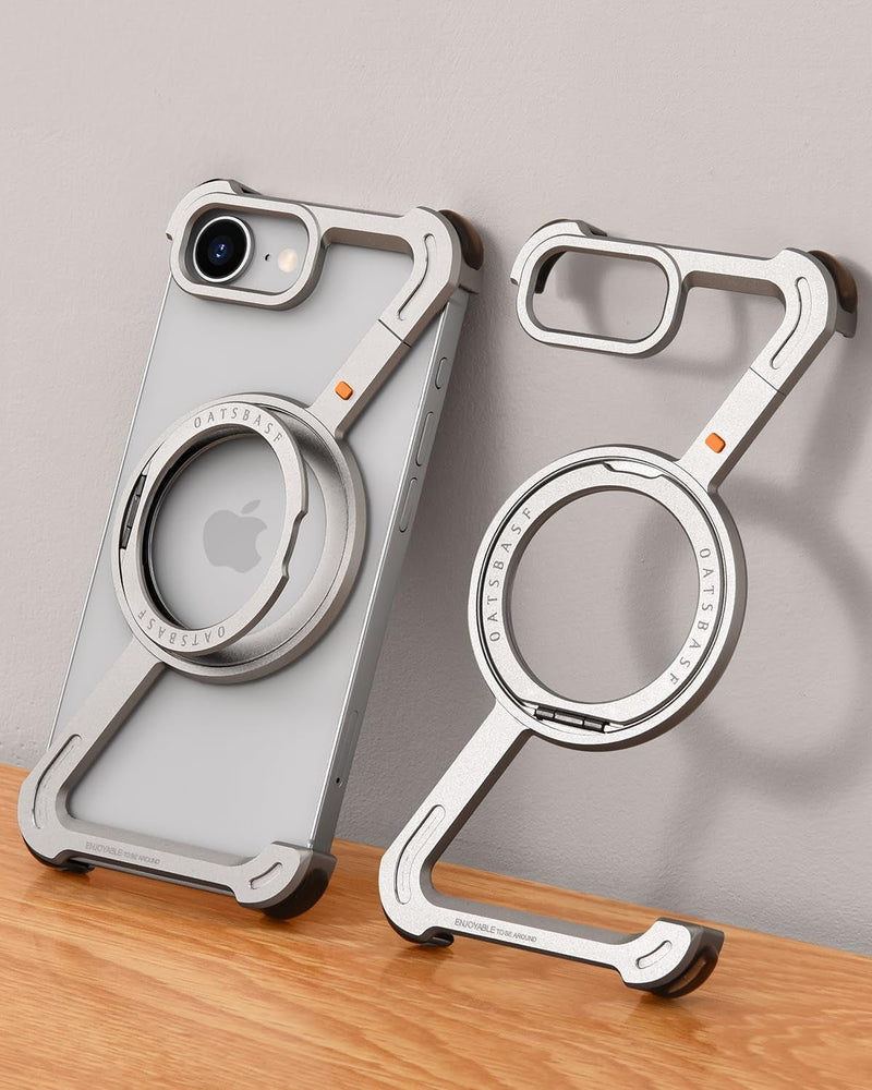 Minimalist Phone Case Compatible with Iphone 16E 6.1", 360° Rotation Kickstand Aluminum Metal Frameless Design Bumper Z Case, Protective Shock Grade Shell (Natural Titanium) - Gorilla Cases