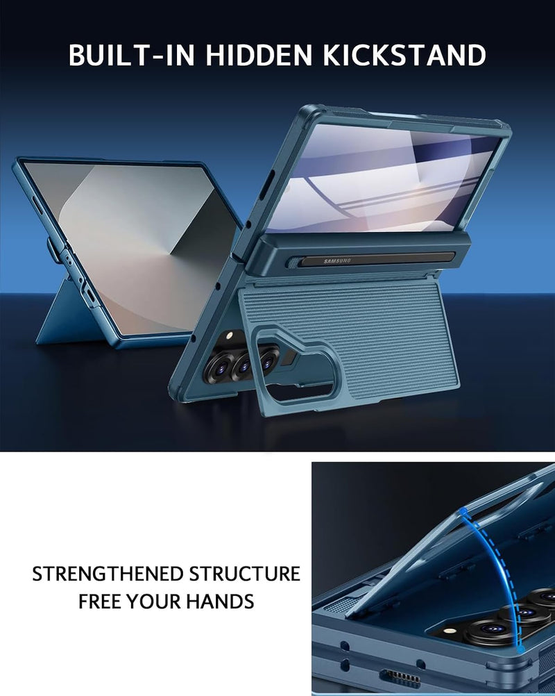 NINKI for Samsung Galaxy Z Fold 7 Case with S Pen Holder and Slim Stylus,Invisible Kickstand Screen Protector Hinge Hard Drop - Proof Stand Phone Cover for Samsung Z fold 7 Case with S Pen Slot – Blue