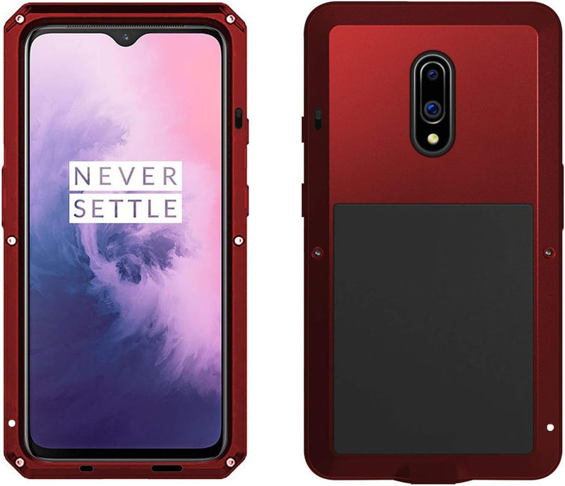 Oneplus 7 Aluminum Metal Bumper Silicone Rugged Case Hybrid Military Shockproof Heavy Duty Armor Defender Tough Built - In Gorilla Glass Cover for Oneplus 7 1+7 (Red, Oneplus 7)
