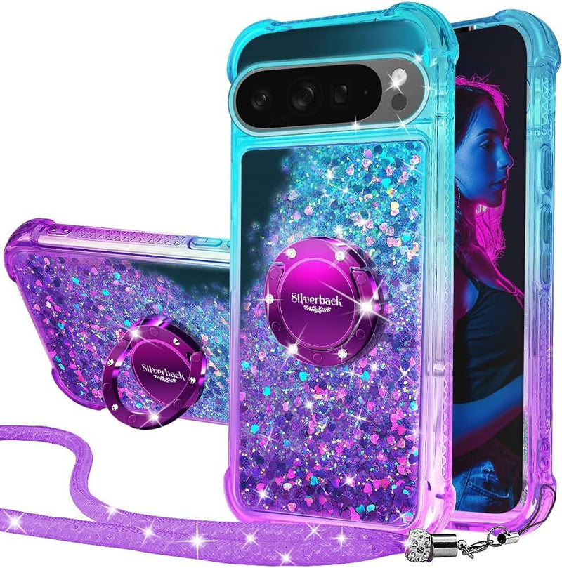 Pixel 9 Case Pixel 9 Pro Case Ring Moving Liquid Holographic Sparkle Glitter Case Diamond Protective Case - Gorilla Cases