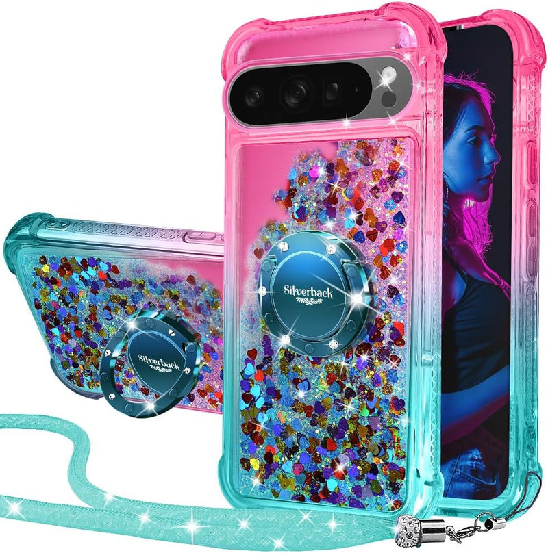 Pixel 9 Case Pixel 9 Pro Case Ring Moving Liquid Holographic Sparkle Glitter Case Diamond Protective Case - Gorilla Cases