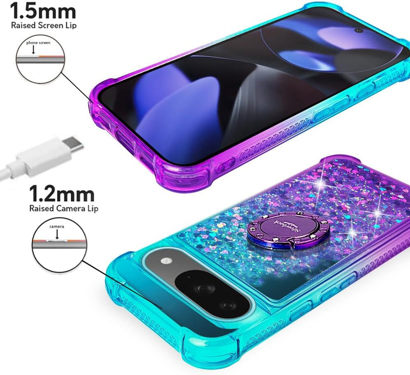 Pixel 9 Case Pixel 9 Pro Case Ring Moving Liquid Holographic Sparkle Glitter Case Diamond Protective Case - Gorilla Cases