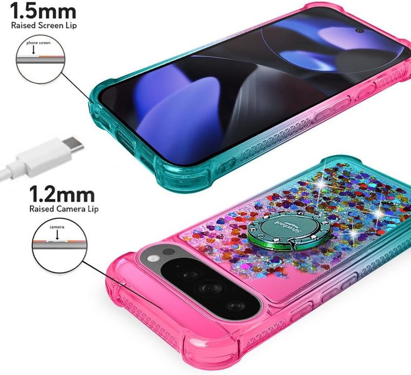 Pixel 9 Case Pixel 9 Pro Case Ring Moving Liquid Holographic Sparkle Glitter Case Diamond Protective Case - Gorilla Cases