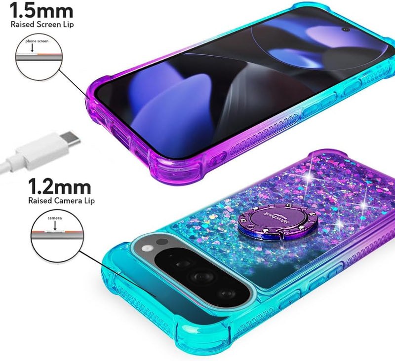 Pixel 9 Case Pixel 9 Pro Case Ring Moving Liquid Holographic Sparkle Glitter Case Diamond Protective Case - Gorilla Cases