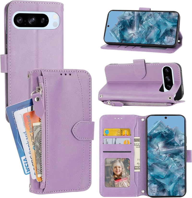 Pixel 9 Pro Case Wallet with Card Holder Zipper Pouch Flip Phone Case Compatible Purple - Gorilla Cases