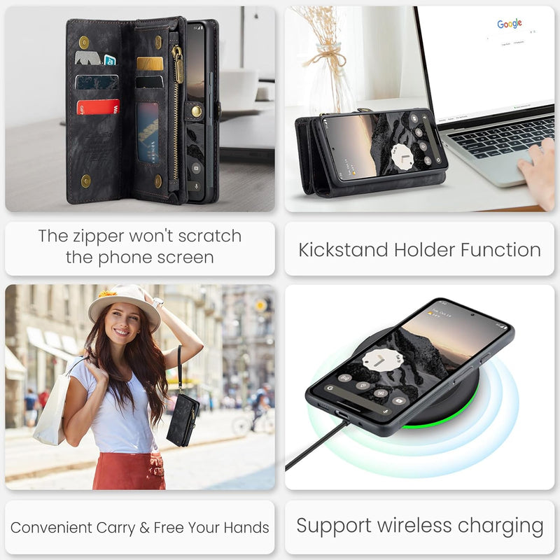 Pixel 9 Pro Wallet Style Magnetic Detachable 2 - in - 1 Zipper Purse Wireless Charging Kickstand Holder Black - Gorilla Cases