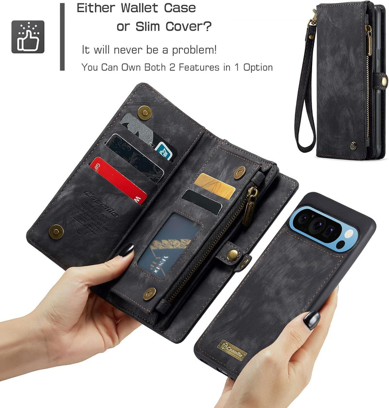 Pixel 9 Pro Wallet Style Magnetic Detachable 2 - in - 1 Zipper Purse Wireless Charging Kickstand Holder Black - Gorilla Cases