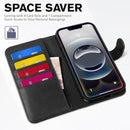 RFID blocking black wallet case for the 2025 Apple iPhone 16E in PU leather with a built in kickstand and card holder
