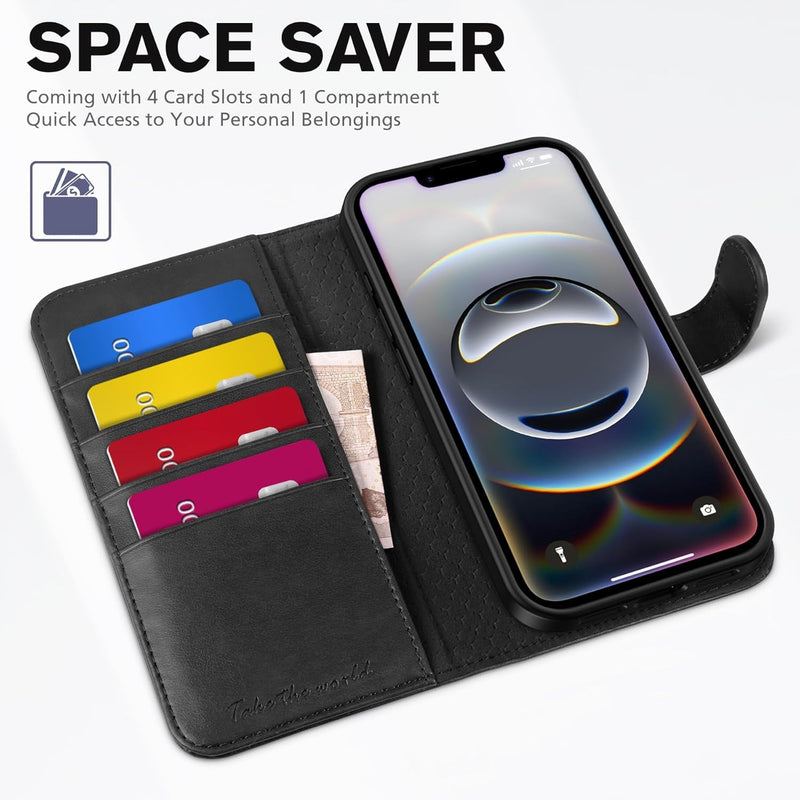 Premium RFID Blocking Wallet Case for iPhone 16E - 4 Card Holder, Kickstand, Shockproof TPU Inner, Stylish PU Leather, Magnetic Closure - Compatible with iPhone 16E 6.1" 2025, Black