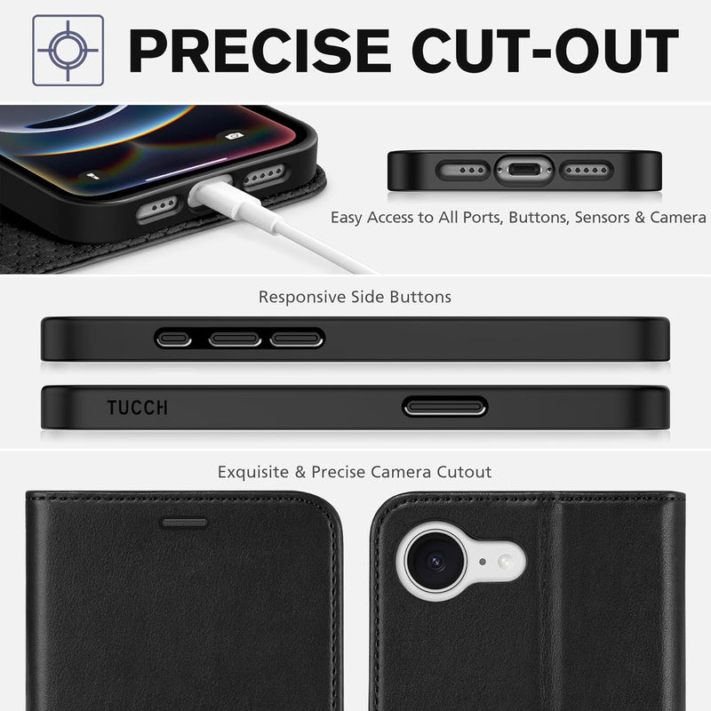 Premium RFID Blocking Wallet Case for iPhone 16E - 4 Card Holder, Kickstand, Shockproof TPU Inner, Stylish PU Leather, Magnetic Closure - Compatible with iPhone 16E 6.1" 2025, Black