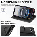 RFID blocking black wallet case for the 2025 Apple iPhone 16E in PU leather with a built in kickstand and card holder