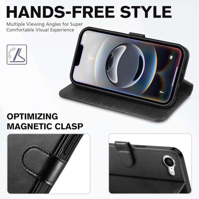 Premium RFID Blocking Wallet Case for iPhone 16E - 4 Card Holder, Kickstand, Shockproof TPU Inner, Stylish PU Leather, Magnetic Closure - Compatible with iPhone 16E 6.1" 2025, Black